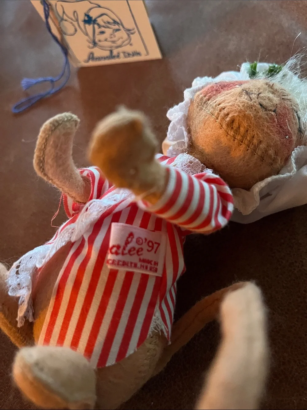 Annalee Orange Cat Doll in Red & White Striped Outfit with Lace Bonnet